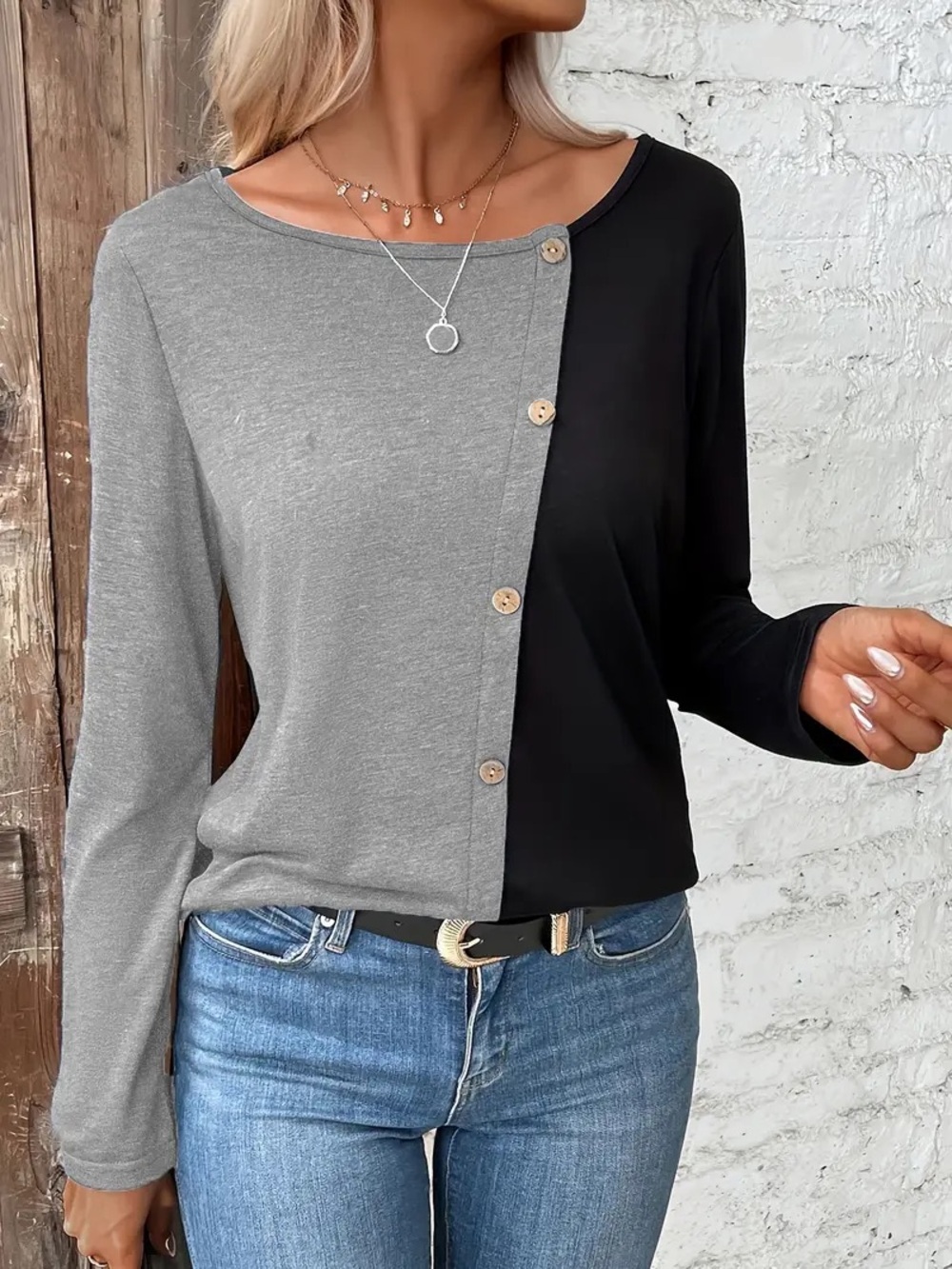 SHEIN Two-Tone Button Accent Long Sleeve Top - Black & Gray